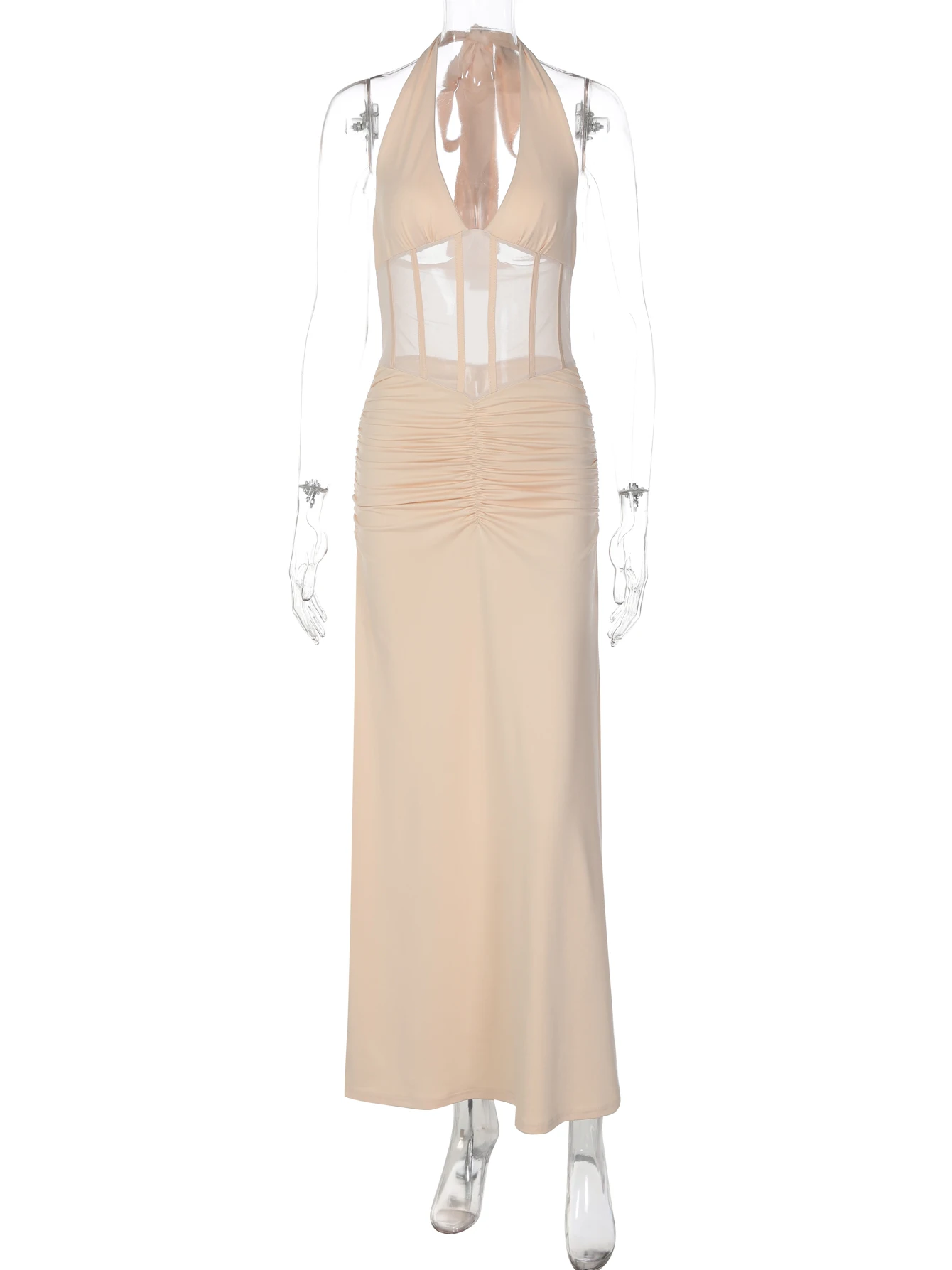 Hugcitar Fashion Solid Halter V Neck Backless Lace Up Patchwork Mesh Ruched Sexy Maxi Dress Sheer Women Outfit Holiday Party view 6