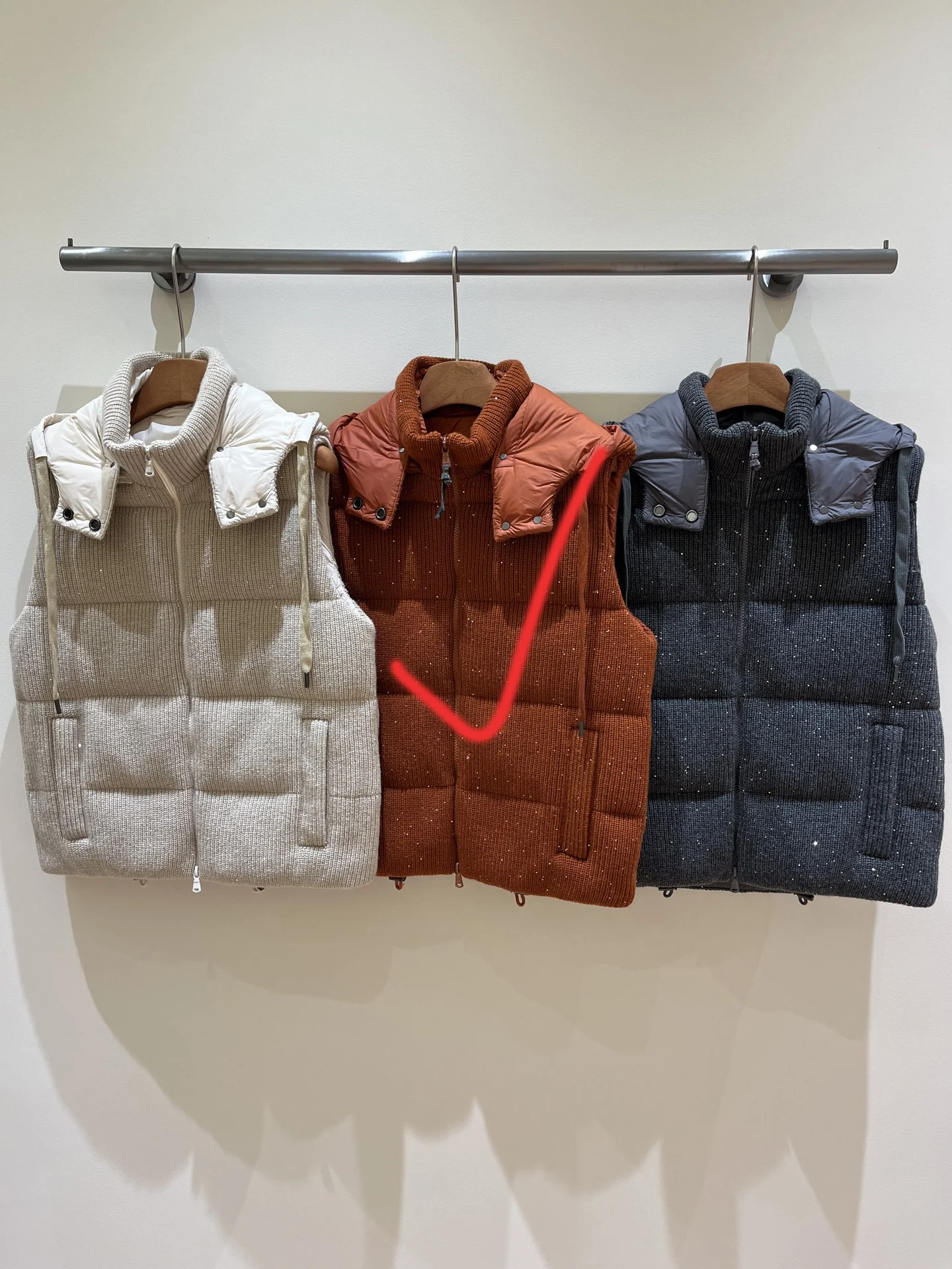 2026 Winter New High-Quality Women's Sequined Hooded Drawstring Stand Collar Wool Cashmere Goose Down Zipper Vest