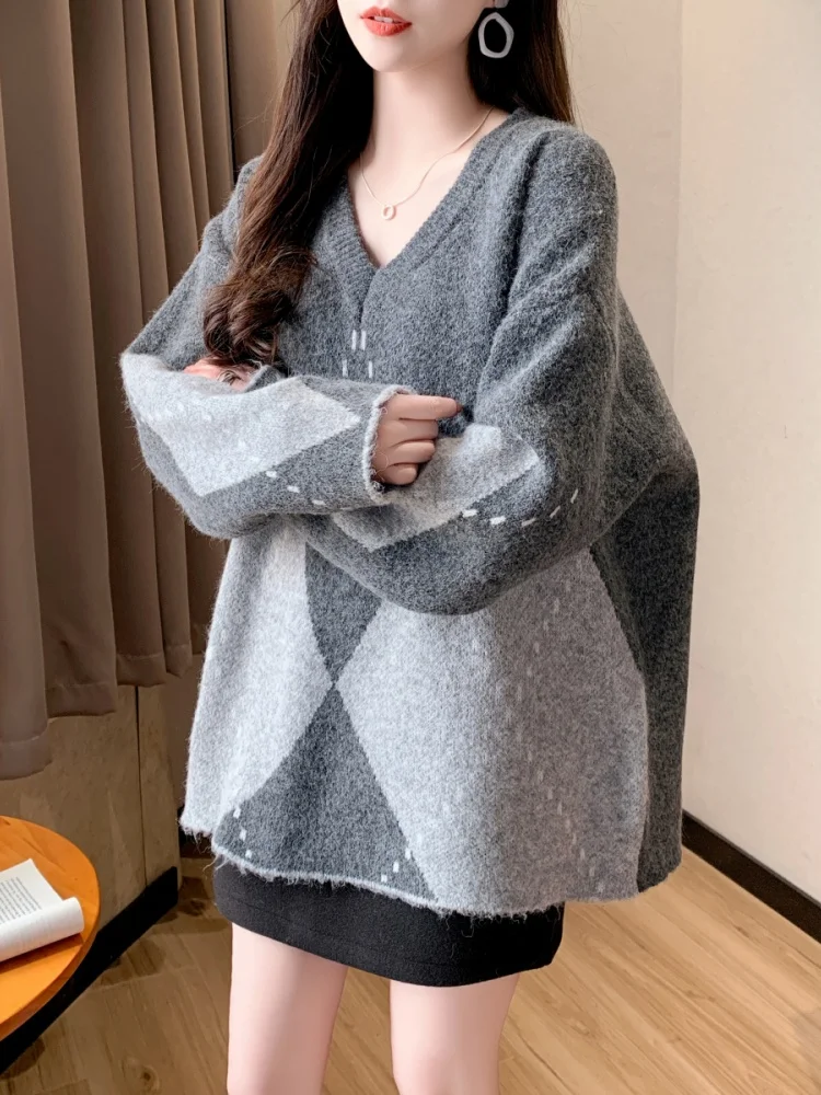 

Skin-friendly Knitted Sweater round Ne Vest Autumn Winter Faion Color Blo Diamond Pattern Women's Pullover Thermal Clot...