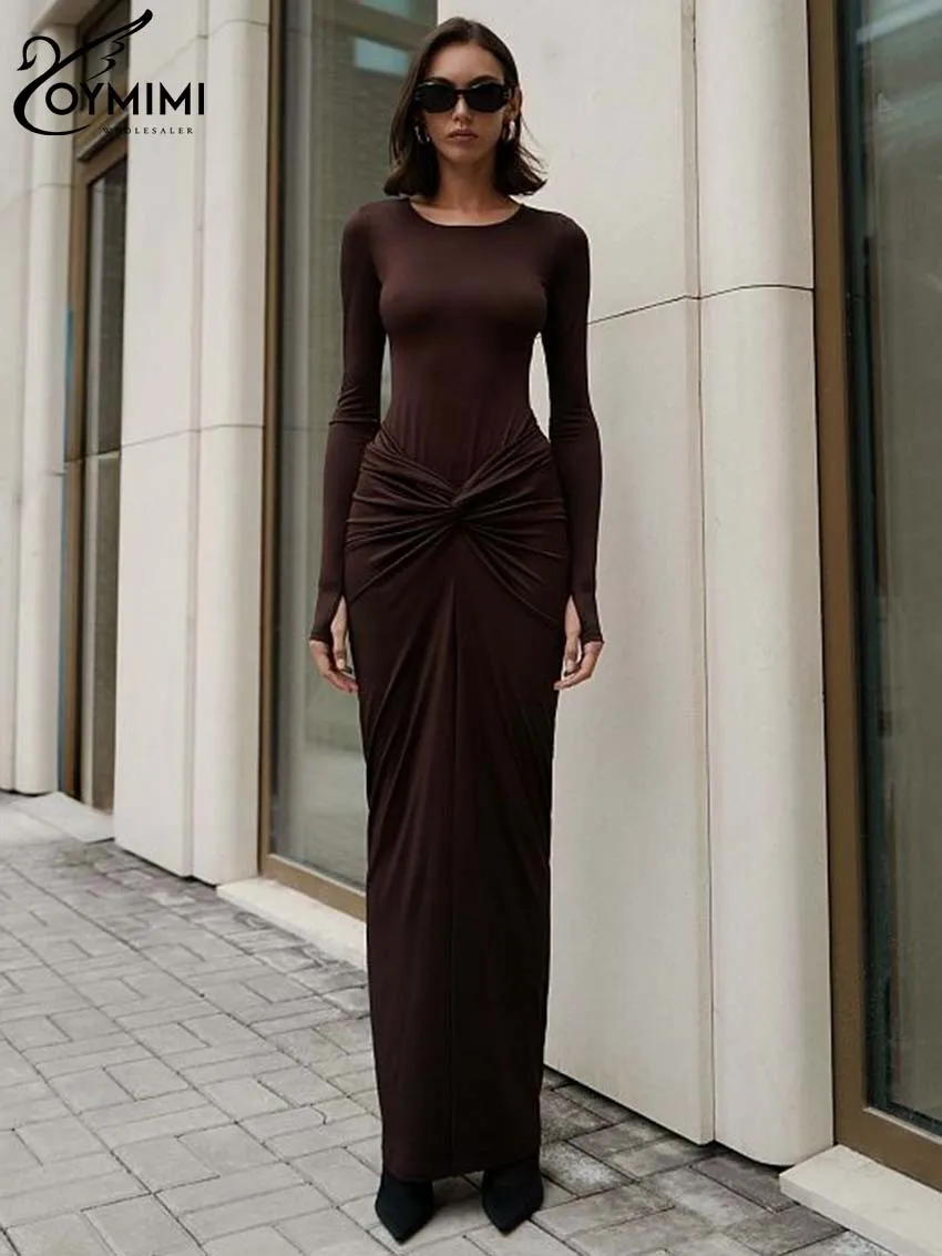 Oymimi Elegant Black O-Neck Dresses For Women Fashion New Slim Long Sleeve Solid Dresses Casual Slit Ankle-Length Skirts Sets