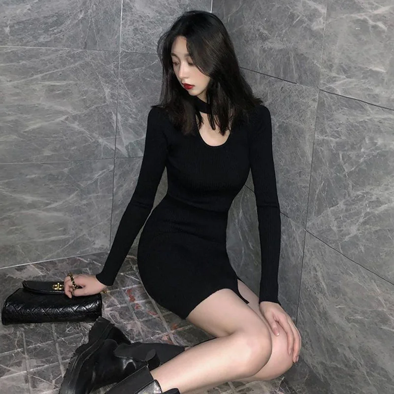 

Женское черное облегающее мини-платье в рубчик с элегантным чокером, круглым вырезом, длинными рукавами и боковым разрезом, сексуальное клубное платье для женщин