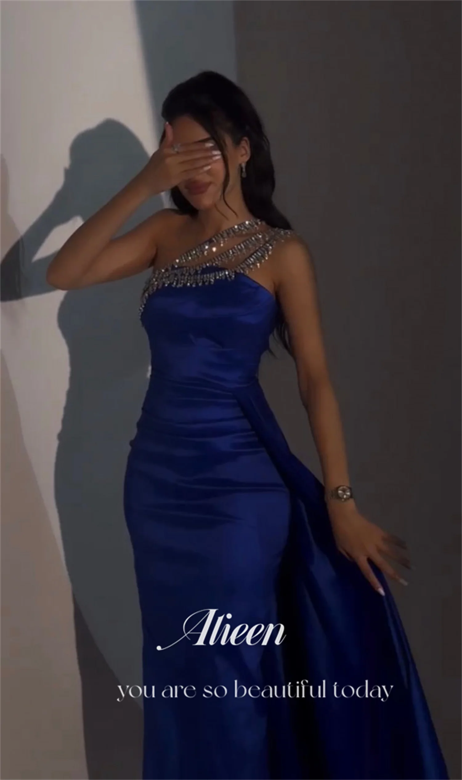 Blue Satin Diamond Jewelry Mermaid Wedding Party Dress Women Elegant Luxury Evening Dresses for Formal Occasions Customized