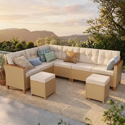 

Small Patio Furniture Set, 6 Piece Wicker Outdoor Patio Conversation Set, Outside L-Shaped Sectional Sofa Couch with