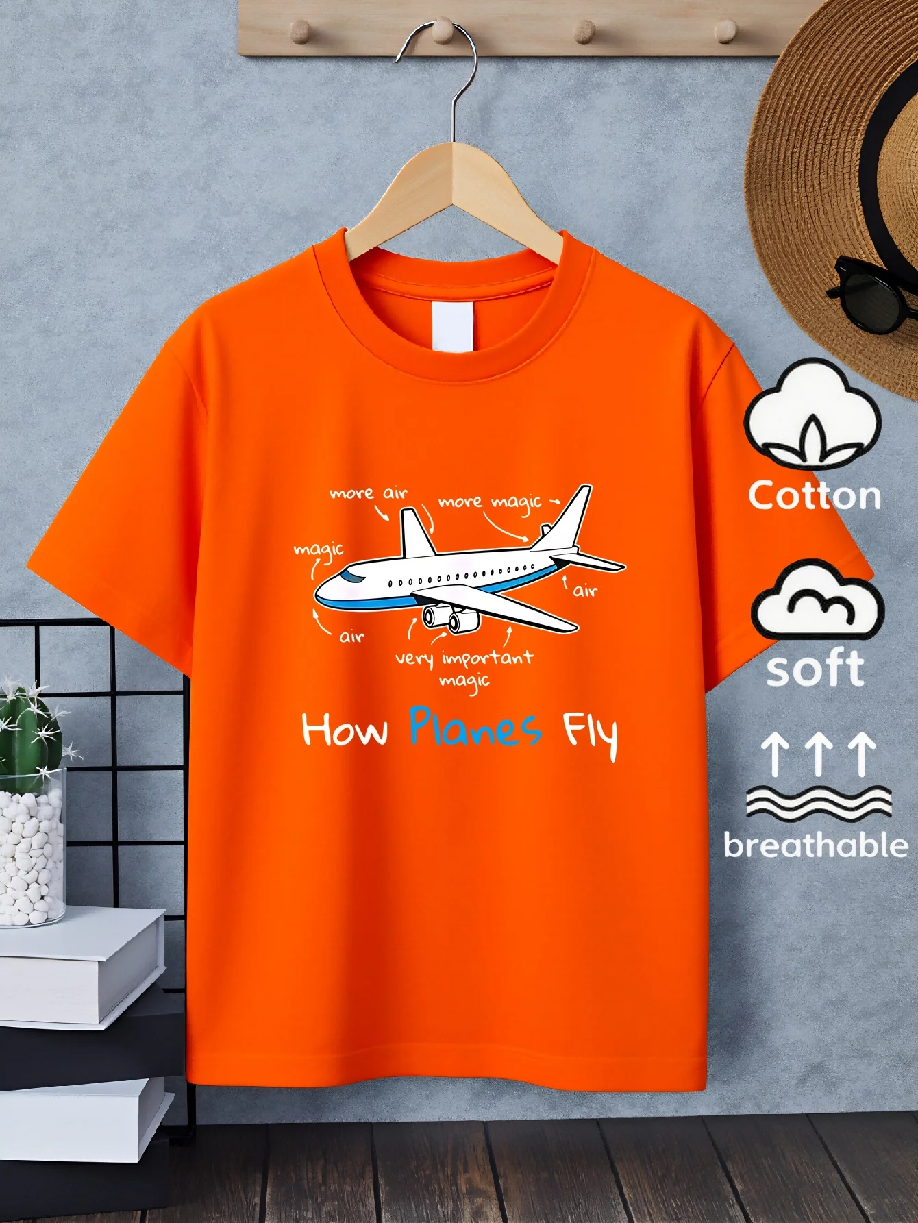 Children's Magical Airplane Flight Secret Print Design Street Round Neck Short T-shirt Casual Comfortable Parent-child Outfit