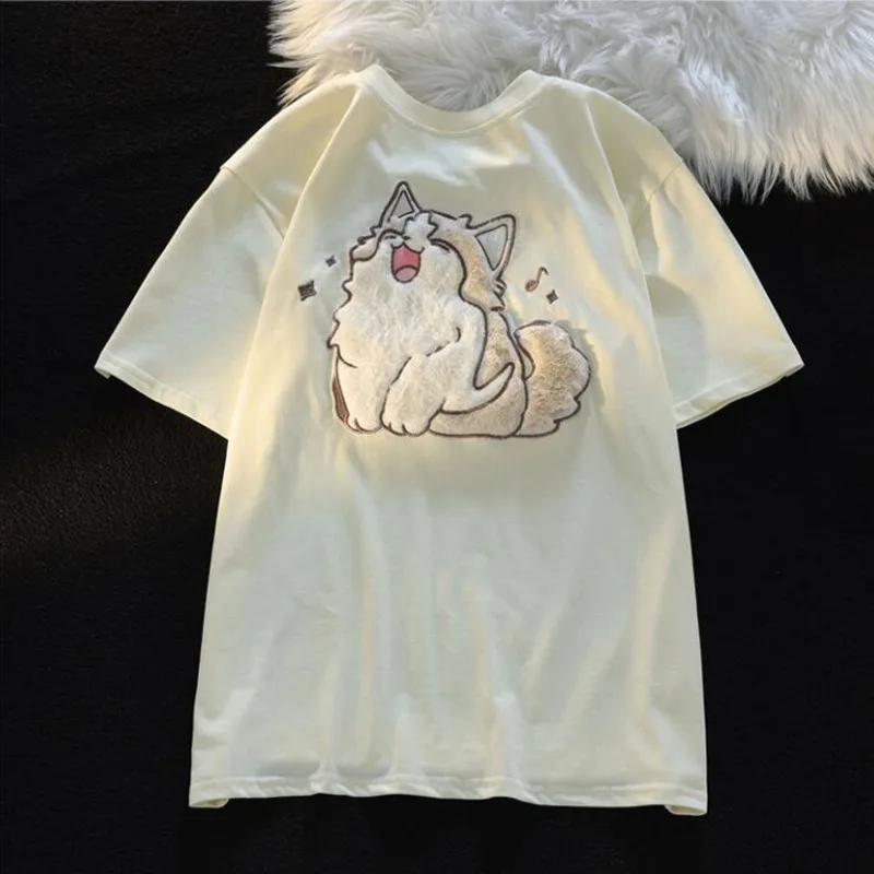 Summer Women Cute Furry Cat Embroidered Short Sleeved T-shirt Women Kawaii Flocking Tshirt Young Girls Lover Matching Tee Top