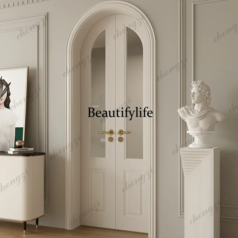 Y136  Customization Tidal Retro French Style Solid Wood Arc Bedroom Double Door Modern White Interior Paint Arch