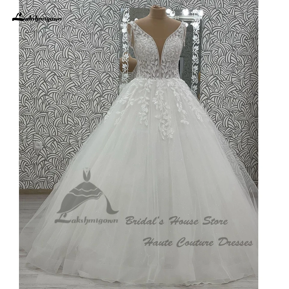 Lakshmigown-vestidos De Novia elegantes con cuello en V para mujer, Vestido De Novia con cuentas De encaje blanco roto, vestidos De Novia largos con cordones en la espalda 2024