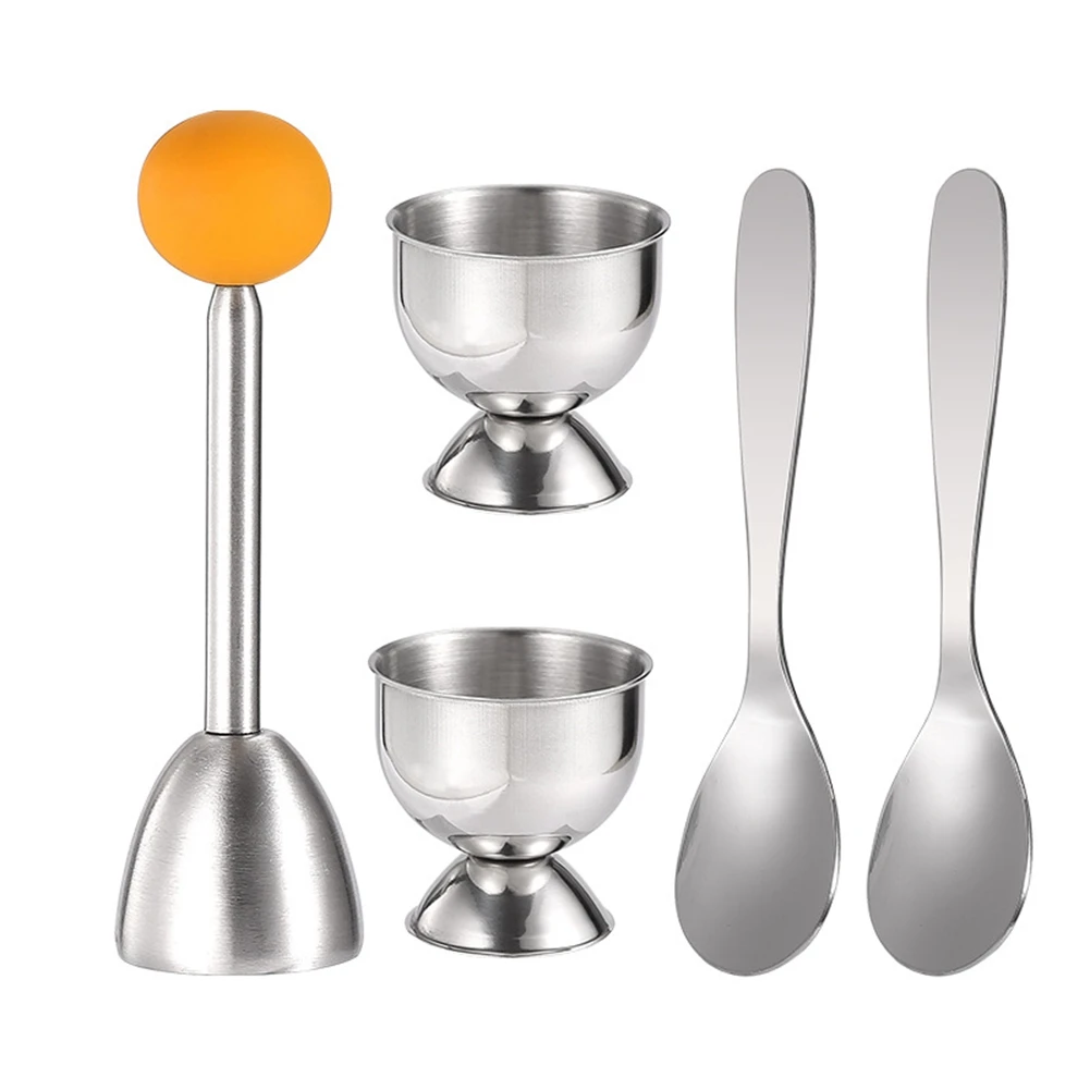 Egg Cracker Topper Set Soft Hard Boiled Eggs Separator Tool 2 Egg Cups,2 Metal Spoons&1 Soft Boiled Egg Cutter Or Opener Silver-