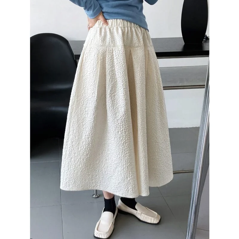 

Kuzuwata Stereo Jacquard Design Simple All Match Large Swing Mujer Faldas Solid High Waist Skirt Summer New Arrival Femme Jupe