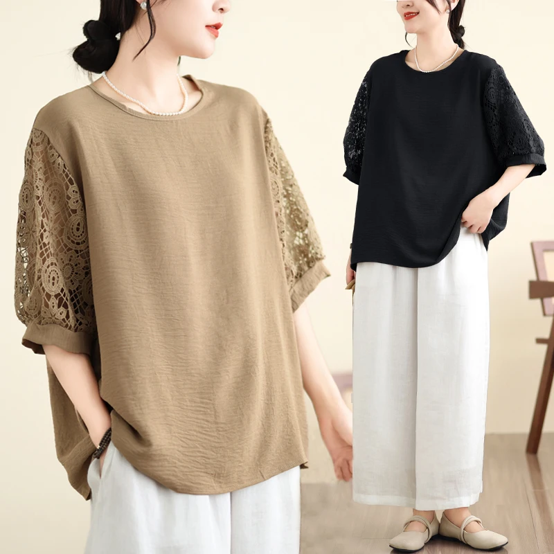 

Summer Large Size Loose Casual Lace Splicing Anti-Aging Overhead ort Sve T-irt Women Hollow Design irt Women