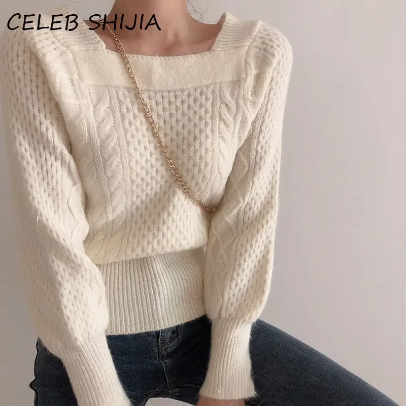 SHIJIA New Autumn Square Collar Sweater for Woman Full-sleeve Apricot Twist Knitting Pullovers Soft Warm  Jumper Femme