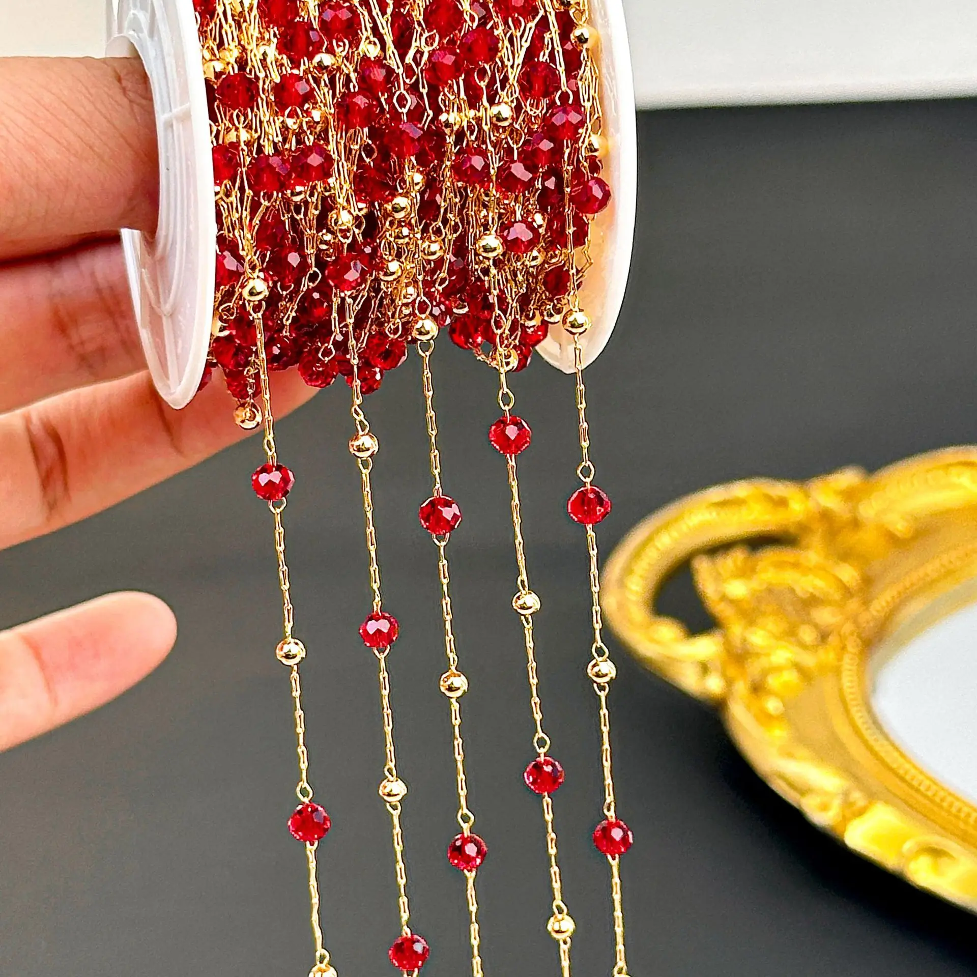 

0.5/1/2M Red Crystal Pearl Copper Chains Handmade Ancient Style Chains DIY Jewelry Making Hair Clothing Tassel Accessories