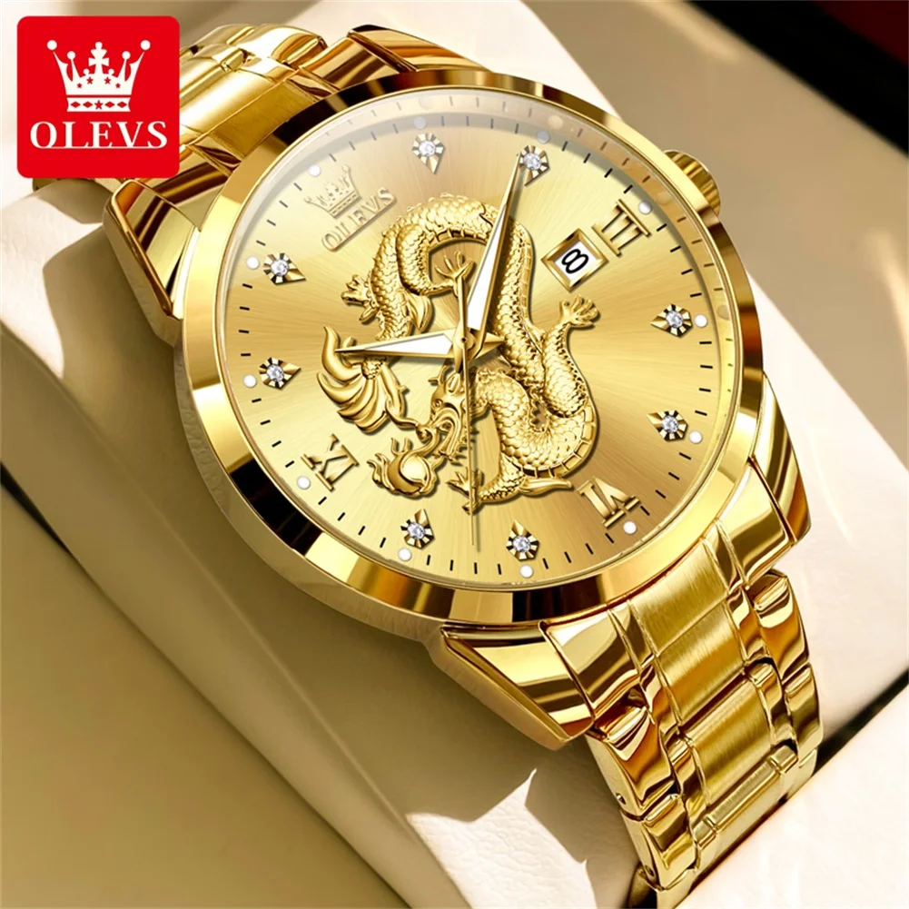 OLEVS Top Brand Luxury Dragon Watch Stainless steel Waterproof Diamond Scale Date Men's Watches Dress Quartz Watch for Man Trend