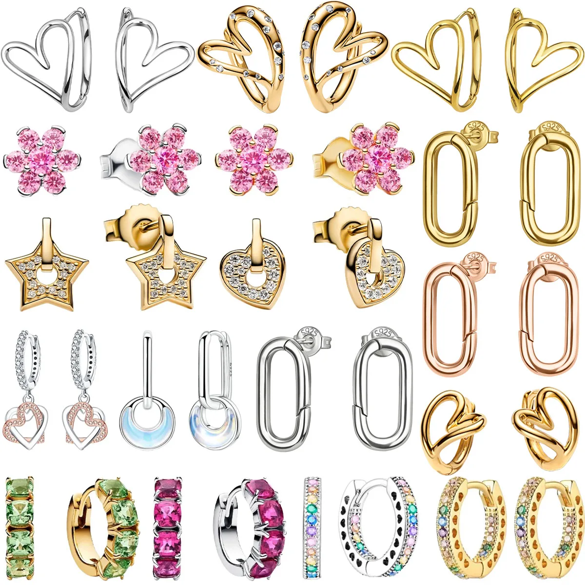 Hot Sales Original 925 Sterling Silver Earrings Colored Zircon Moon Heart Flower Stud Earrings Women Jewelry Accessories Gift