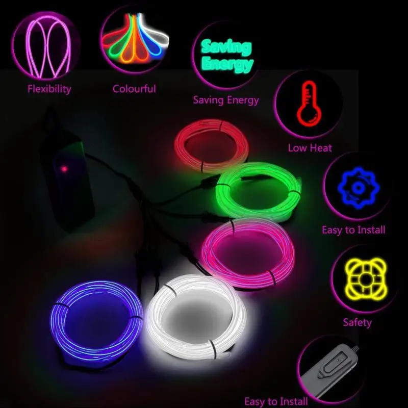 Può essere tagliato liberamente Glow El Wire Accessori per auto Decorazione El Linea di luce fredda Cavo al neon Interni auto 3v Flessibile di alta