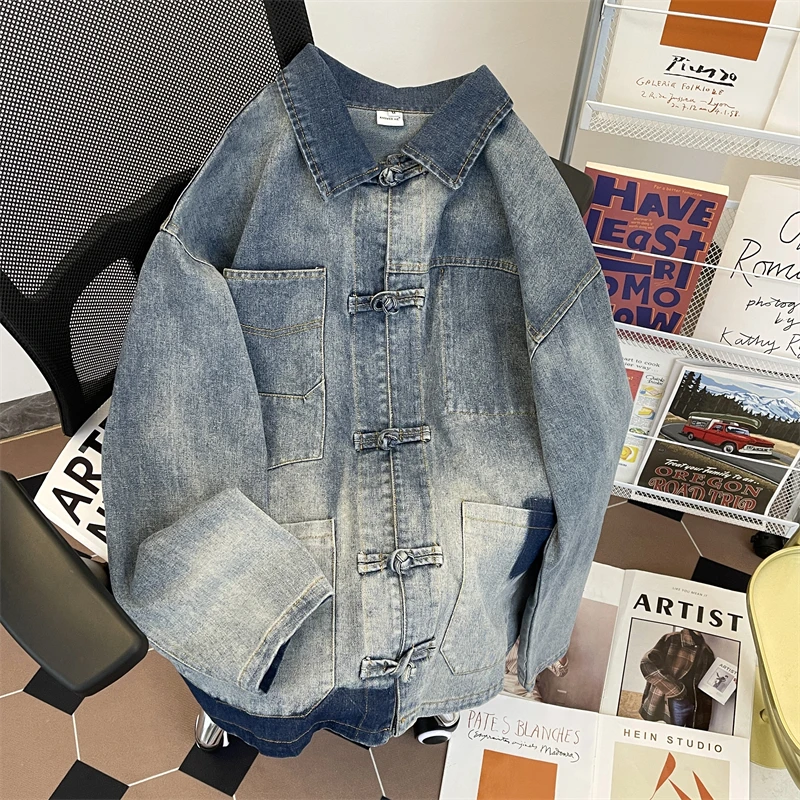 

New Chinese Sle adient Denim Jaet Men's Spring Autumn Loose Casual Versatile Tang Costume Buttoned Jaet Casual Wear