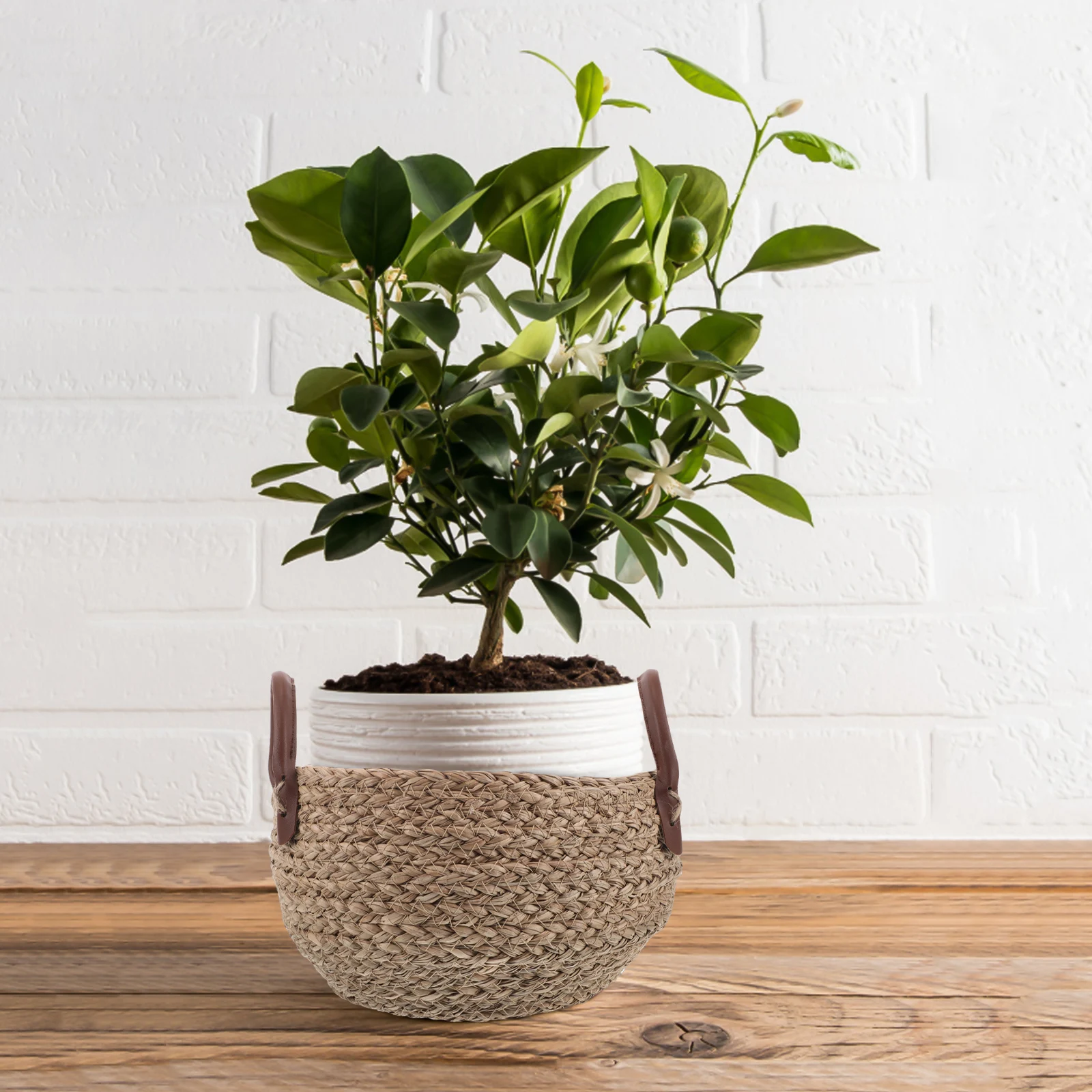 

1pcs Natural Woven Seagrass Basket Stylish Handle Planter Storage Bin Decorative Flower Pot Home Garden Organizer Rattan Grass