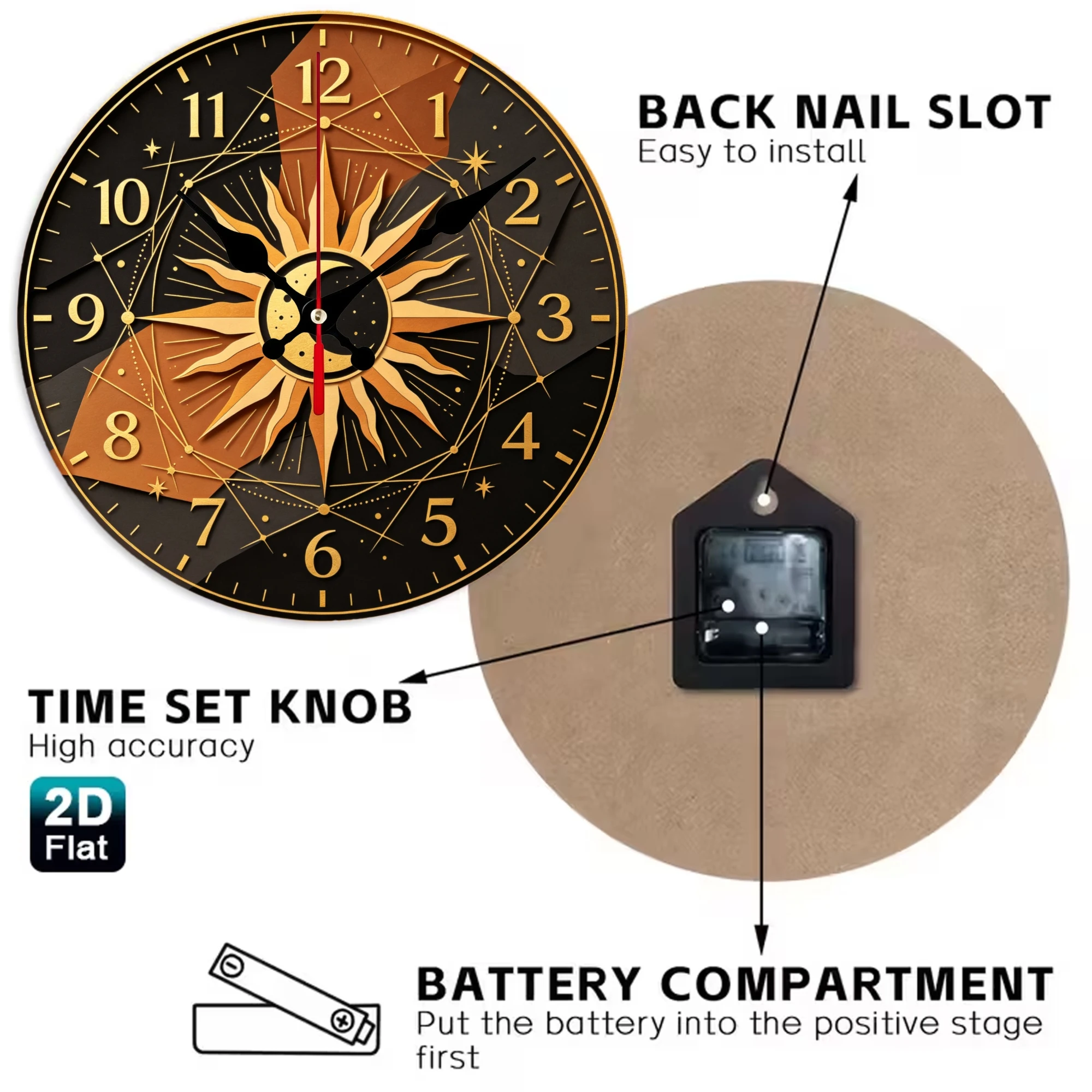 Astrological Sun Moon Celestial Wooden Wall Clock, 10/12 Inch Round Wood Clock, Silent Non Ticking Quartz Movement, Mystical Geometric Chart Printed Home Decor