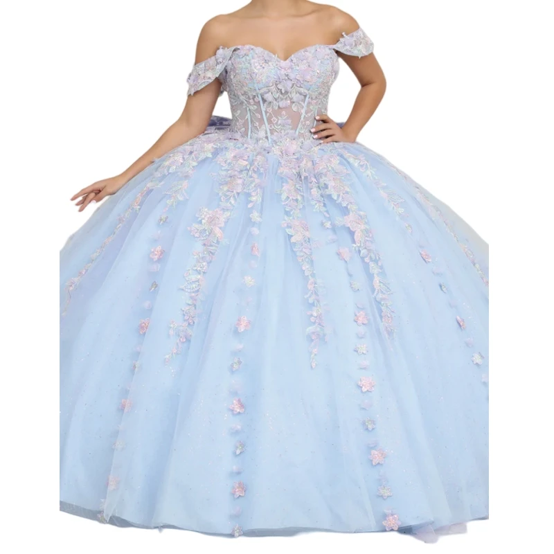 AAQ99 Customized Princess Women Birthday Party Dresses Off Shoulder Applique Bow Ball Gown Prom Dance Queen Sweet 15 Quinceanera