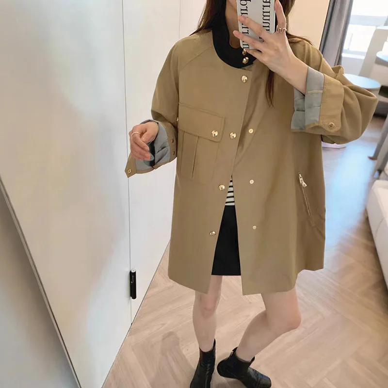 

Trench for Women 2024 New Autumn Winter Contrasting Color Stand Collar Single Breasted Loose Casual Jacket