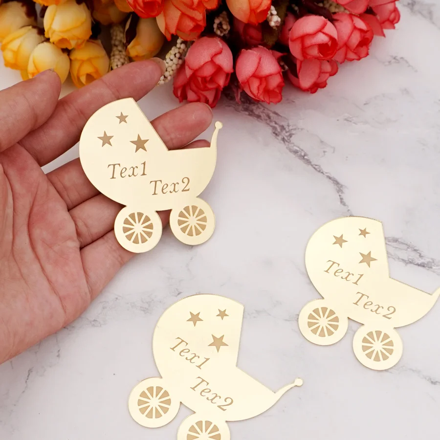 

6x6cm Personalized Baby Carriage Mirror Acrylic Sticker Custom Name Party Decor Favors Invitation Card Party Guest Gifts