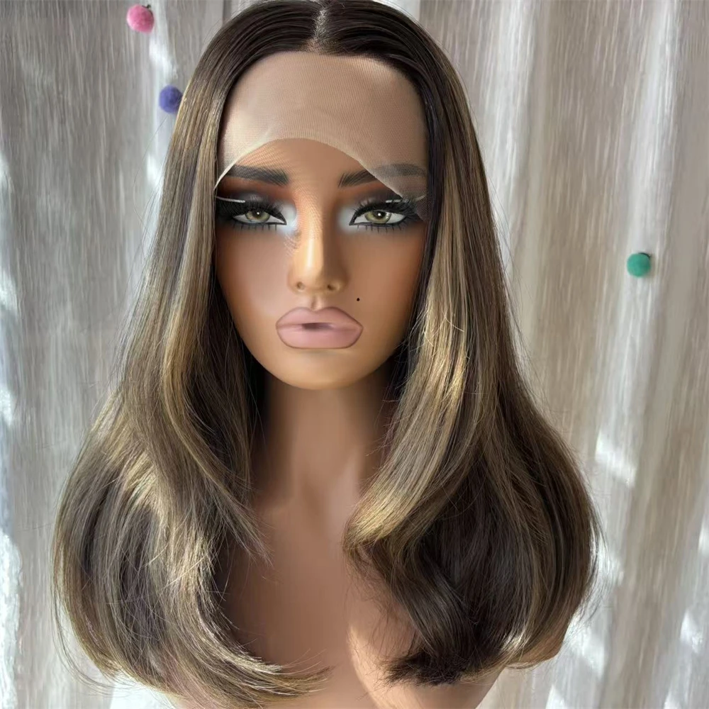 Preplucked Hairline 13x4 Ombre Brown Highlights Lace Front Wig for Women Party Free Part Daily Cosplay Wigs Blended Human Hair
