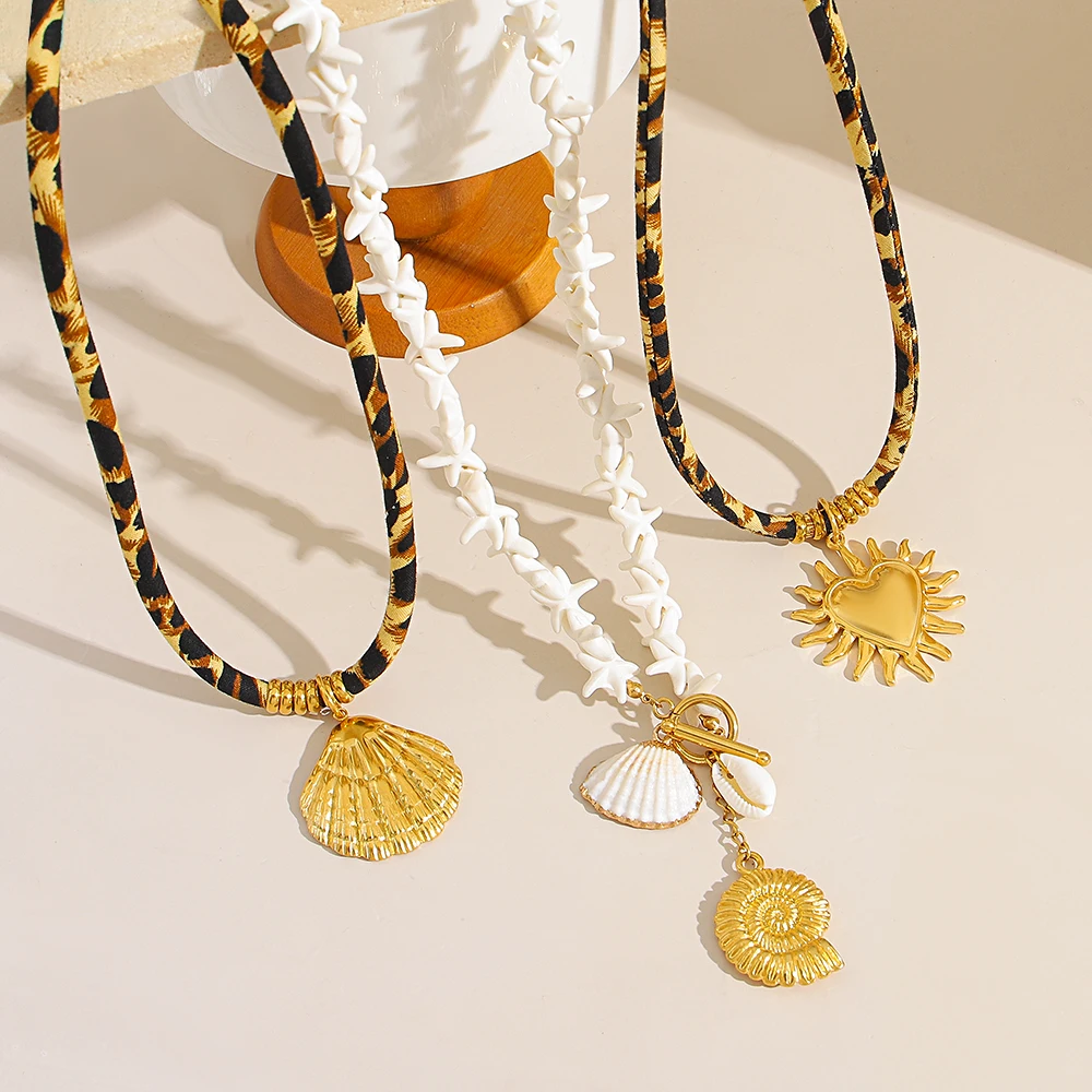 

New Stainless Steel Starfish Conch Sun Pendant Necklace for Women Retro Leopard Pattern Rope Chain Choker Waterproof Jewelry
