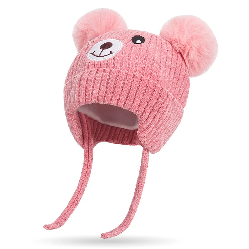 Gorro con pompón de oso para bebé, gorros de invierno con protección para los oídos, lana de punto, gorro cálido para niños y niñas, gorro para