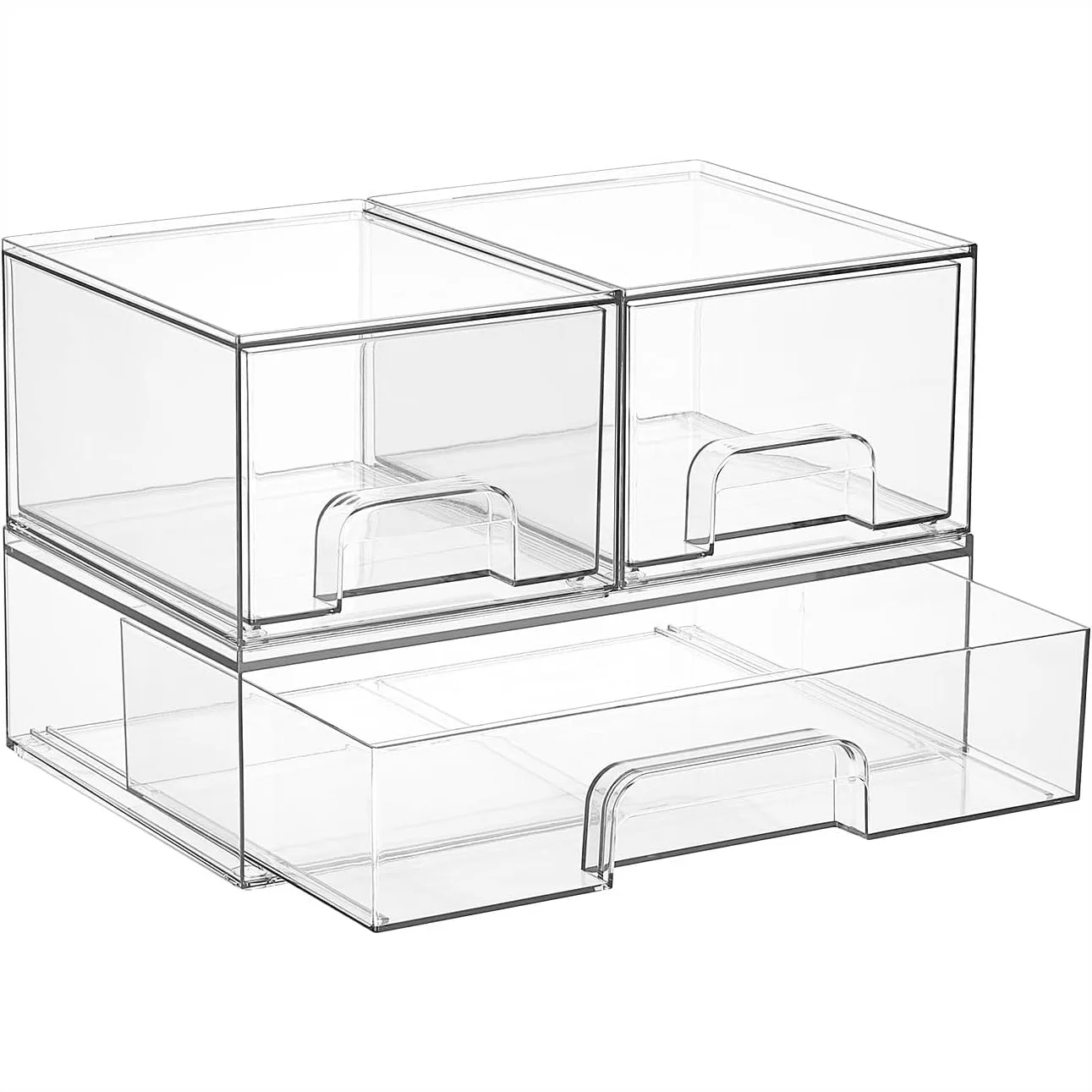 

Stackable Storage Drawers Set of 3, Clear Plastic Organizer Bins for Makeup, Cosmetics, Vanity, Bathroom, Cabinet & Pantry