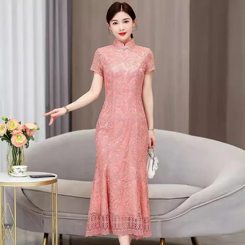 Mom's Youth Daily Improvement Qipao Wedding Dress Women 2024 Spring Summer Noble Elegant Lace Dress Short Sleeve Vestido K1003