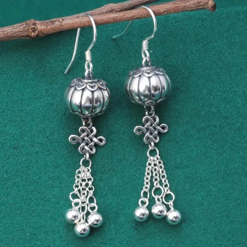 Vintage Ethnic Style Melon Shape Drop Earrings for Women 925 Sterling Silver Chinese knot Long Tassel Earring Jewelry EH215