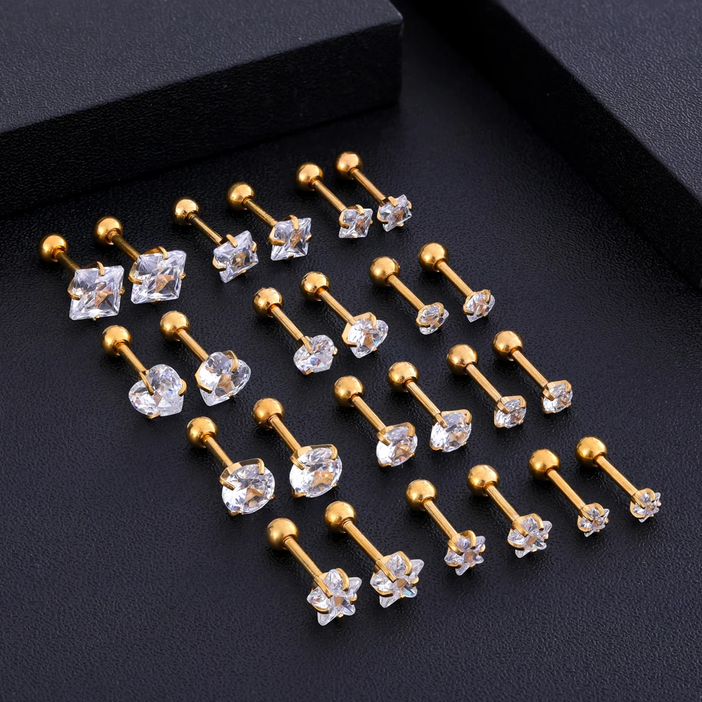 4Pairs Gold Color Heart Star Square-shaped Ear Studs Sets Stainless Steel Mini Earring Piercing Nose Studs Lip Rings Jewelry Lot