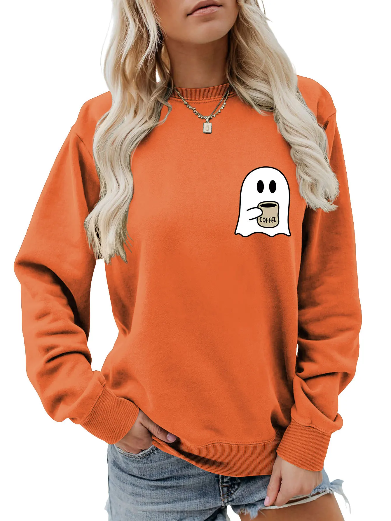 Autumn women's hoodie ghost drink water simple printed top fashion loose crew neck hoodie casual long sleeve hoodie jumper