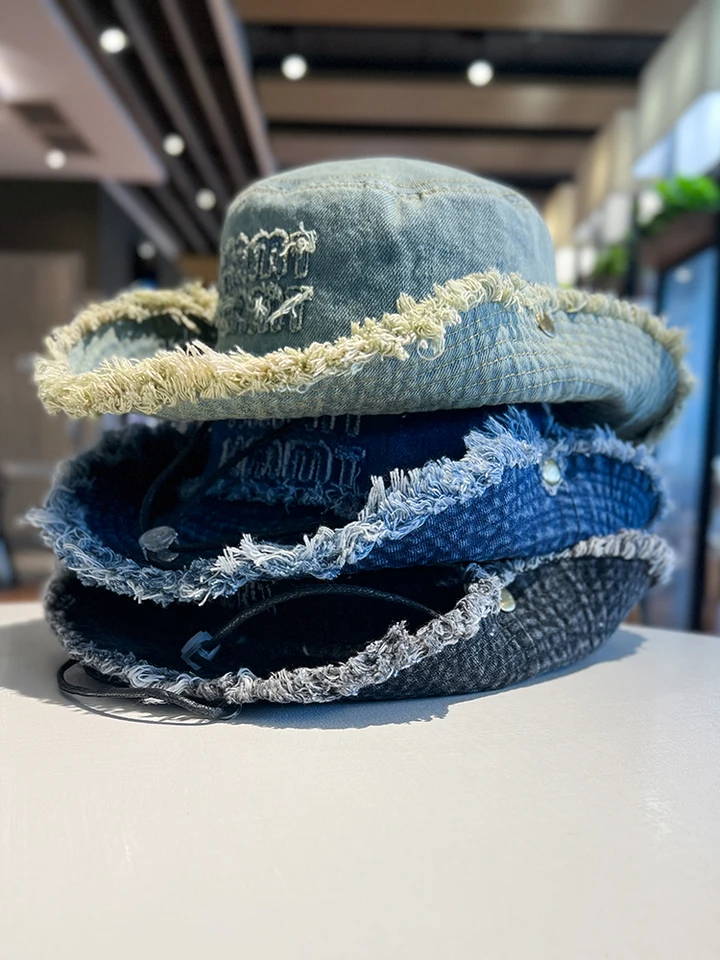 Letter Frayed Washed Jean Fisherman Hat Women display picture 1