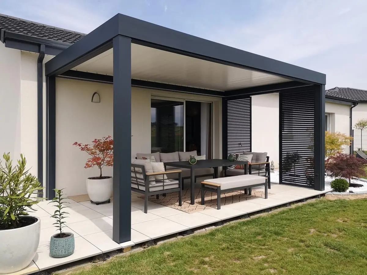

Retractable Opening Louvered Roof Canopy Patio Rainproof Grey Gazebo Louvered Pergola 175 Type Aluminum Powder Coated Gazebos