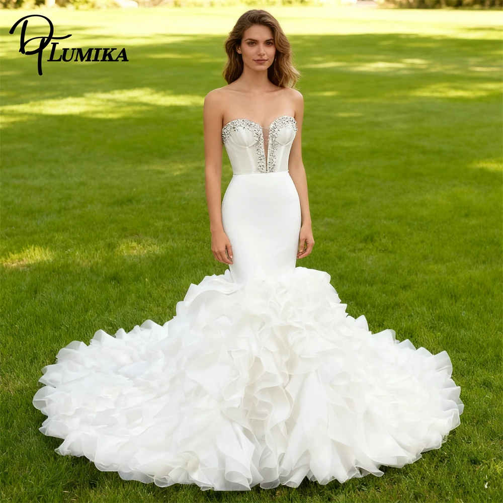 DTLumika أحجار الراين حورية البحر فستان الزفاف للعروس 2026 بدون حمالات ذيل مكشكش فستان زفاف مخصص لحفل الزفاف في الهواء الطلق