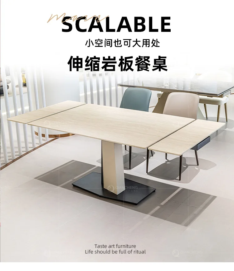functional retractable dining table, modern light luxury 10-person rectangular rock slab dining table