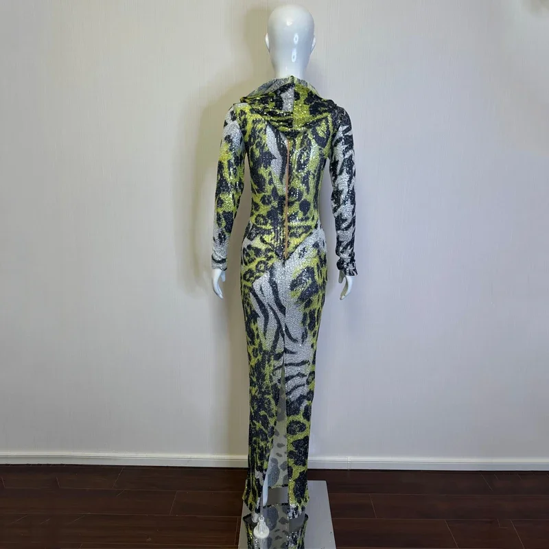 Nowa wysoka elastyczność z kapturem cekiny kamienie sukienki imprezowe kobiety piosenkarka suknia wieczorowa wybieg sceniczny kostium Gogo stroje festiwalowe ﻿