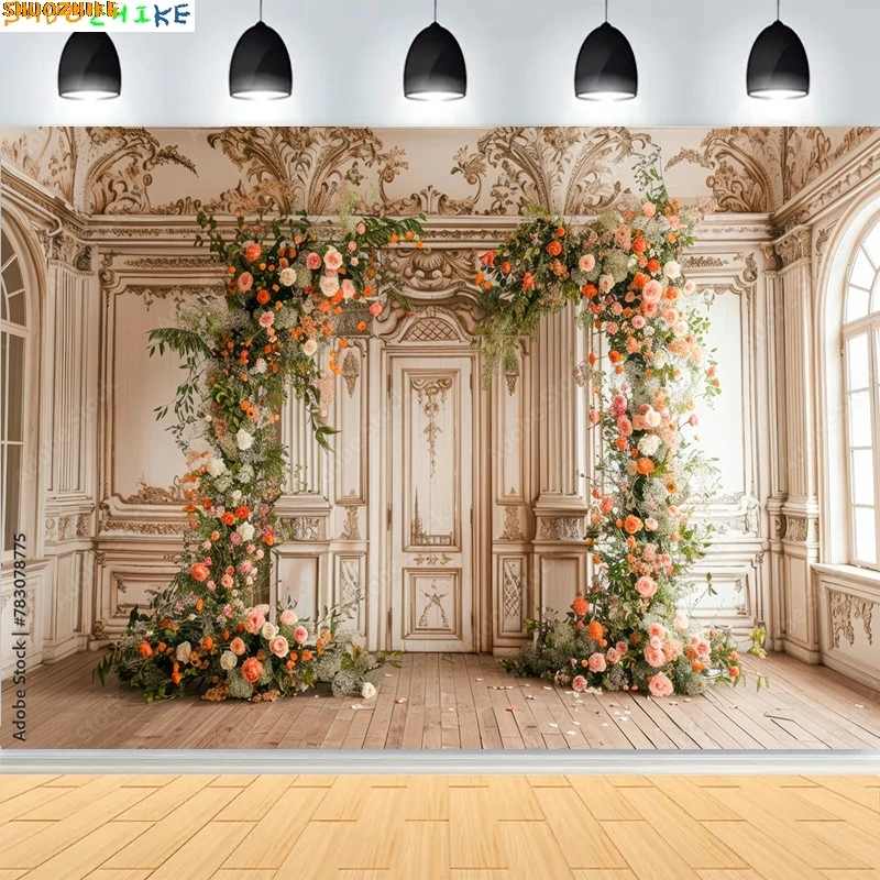 

French-inspired Indoor Floral Arch Photography Backdrops Beautiful Luxurious Wedding White Room With Flowers Background HL-01
