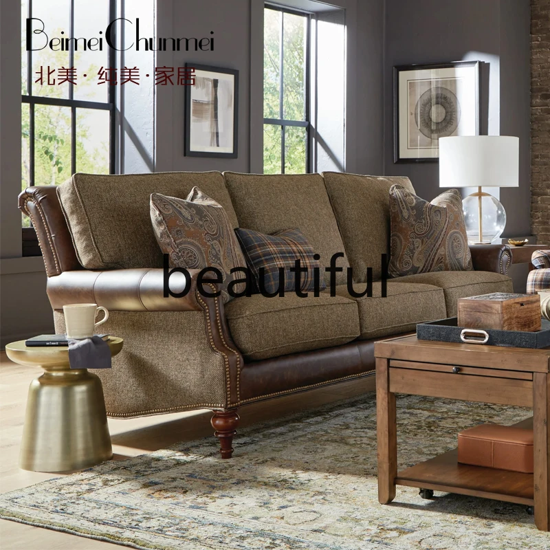 American retro leather art living room furniture combination sofa three-person sofa