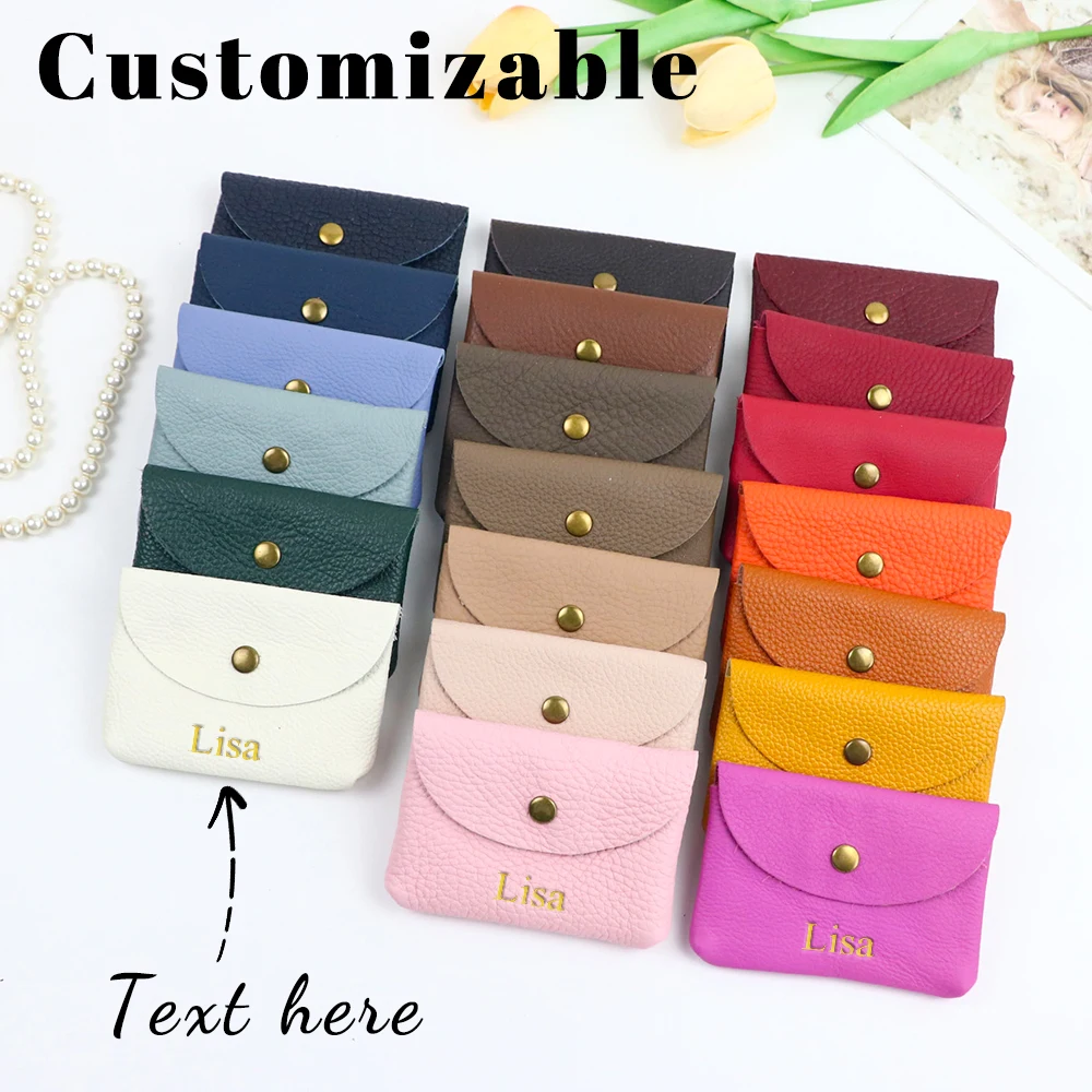 Customized Name: Lychee Pattern Leather Coin Purse, Ins Mini ID Card Case, Genuine Leather Business Card Case