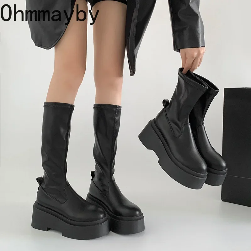 Styl uliczny jesienno-zimowa długie buty do kolan damskie modne platformy wysokie obcasy buty wsuwane Party Botas Mujer