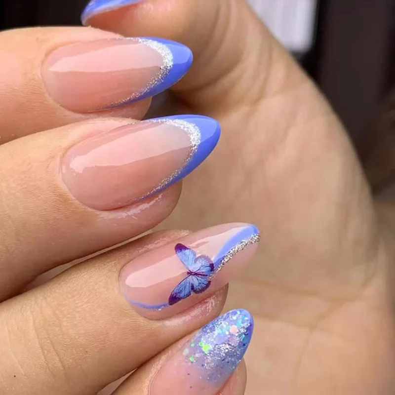 Short Medium fake nails for women girls gradient blue butter