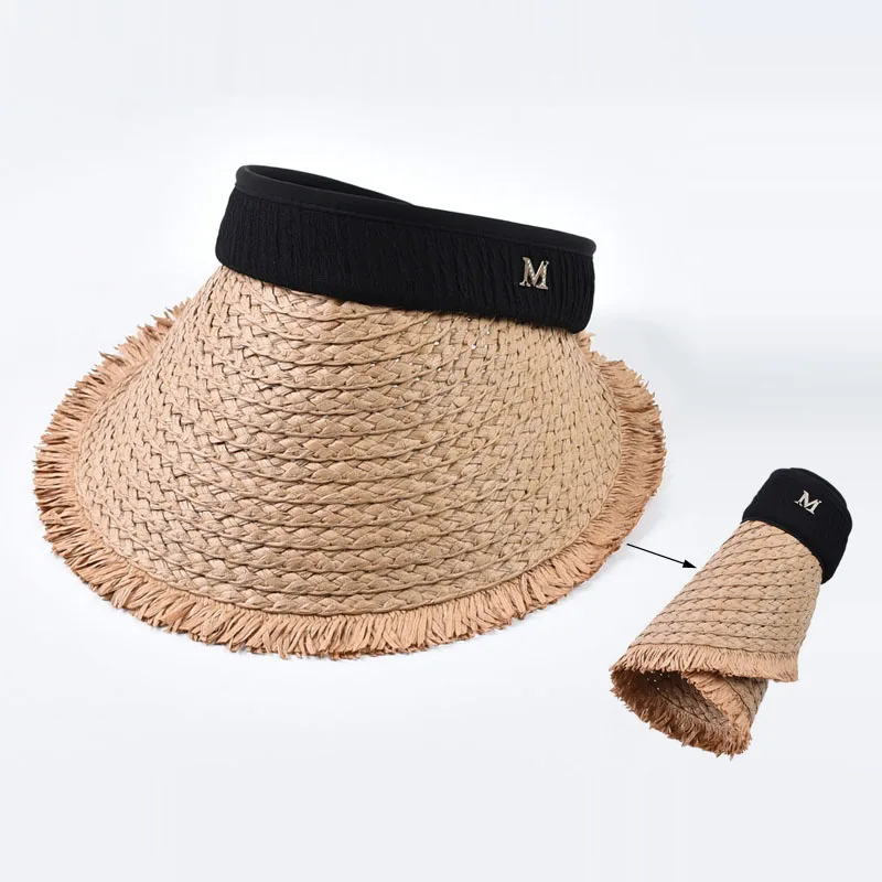 Faltbare Visor-Hüte für Damen, elegant, mit breiter Krempe, Strohhut mit offenem Oberteil, Sonnenhut für den Strand, UV-Schutzkappen für den Frühling und Sommer