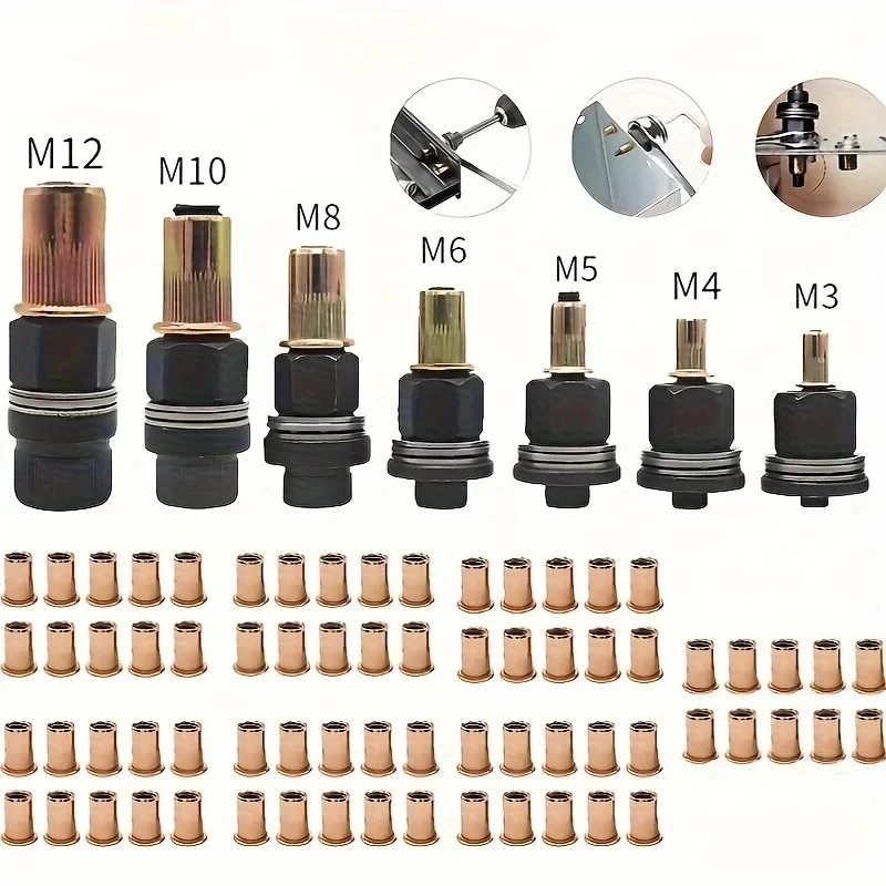77pcs Manual Riveting Tool Set, 7 Sizes M3-M12 with 70 Rivet Nuts, Heavy-Duty Metal Gun for Automotive, Industrial & Welding