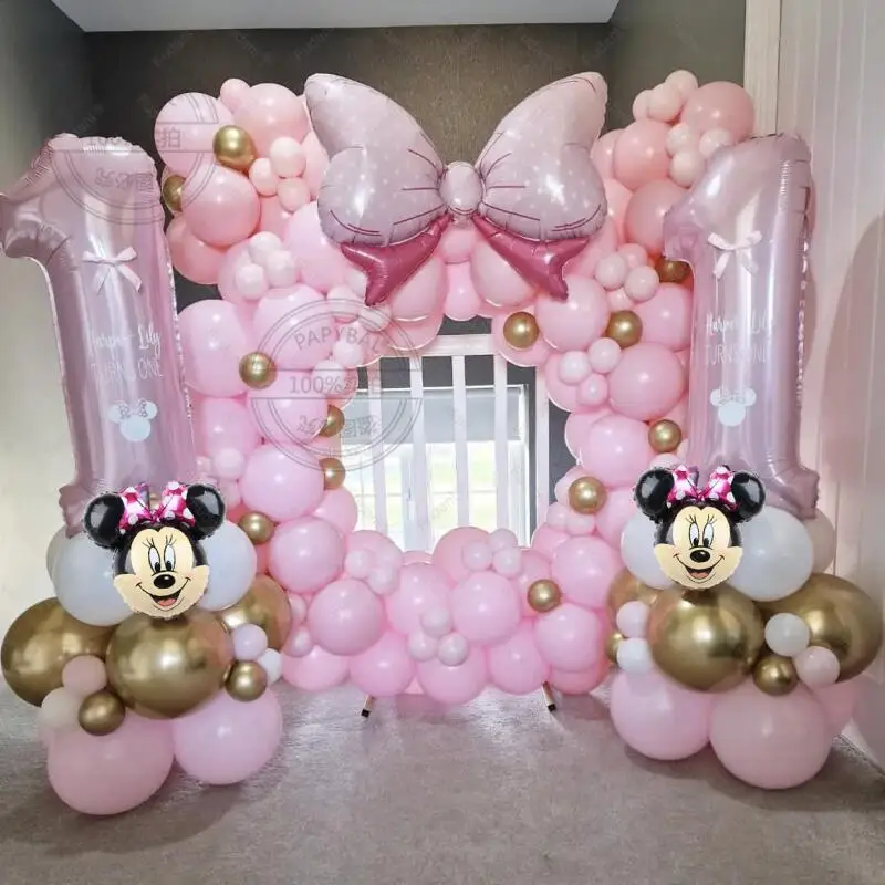 166Pcs Disney Mickey Minnie Bow Cartoon Theme Balloon Arch Set Pink Lovely Baby Birthday Decoration Celebration Photo Props