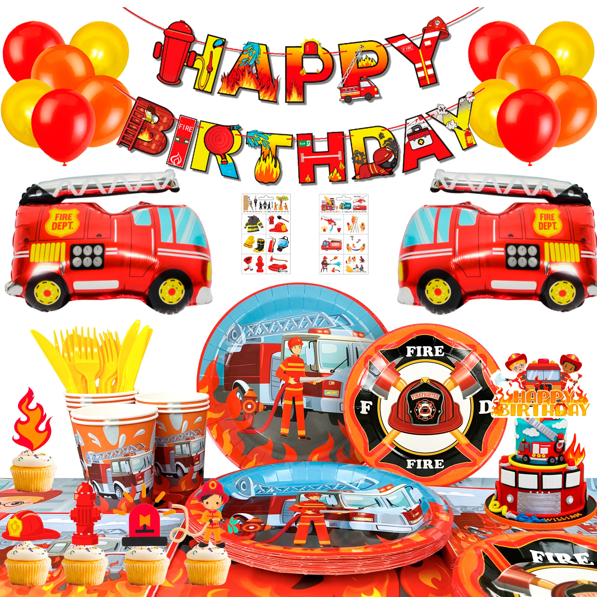 Fire Truck Birthday Party Supplies,155pcs  Birthday Party Decorations for Boys-Firetruck Birthday Balloons Plates Napkins etc