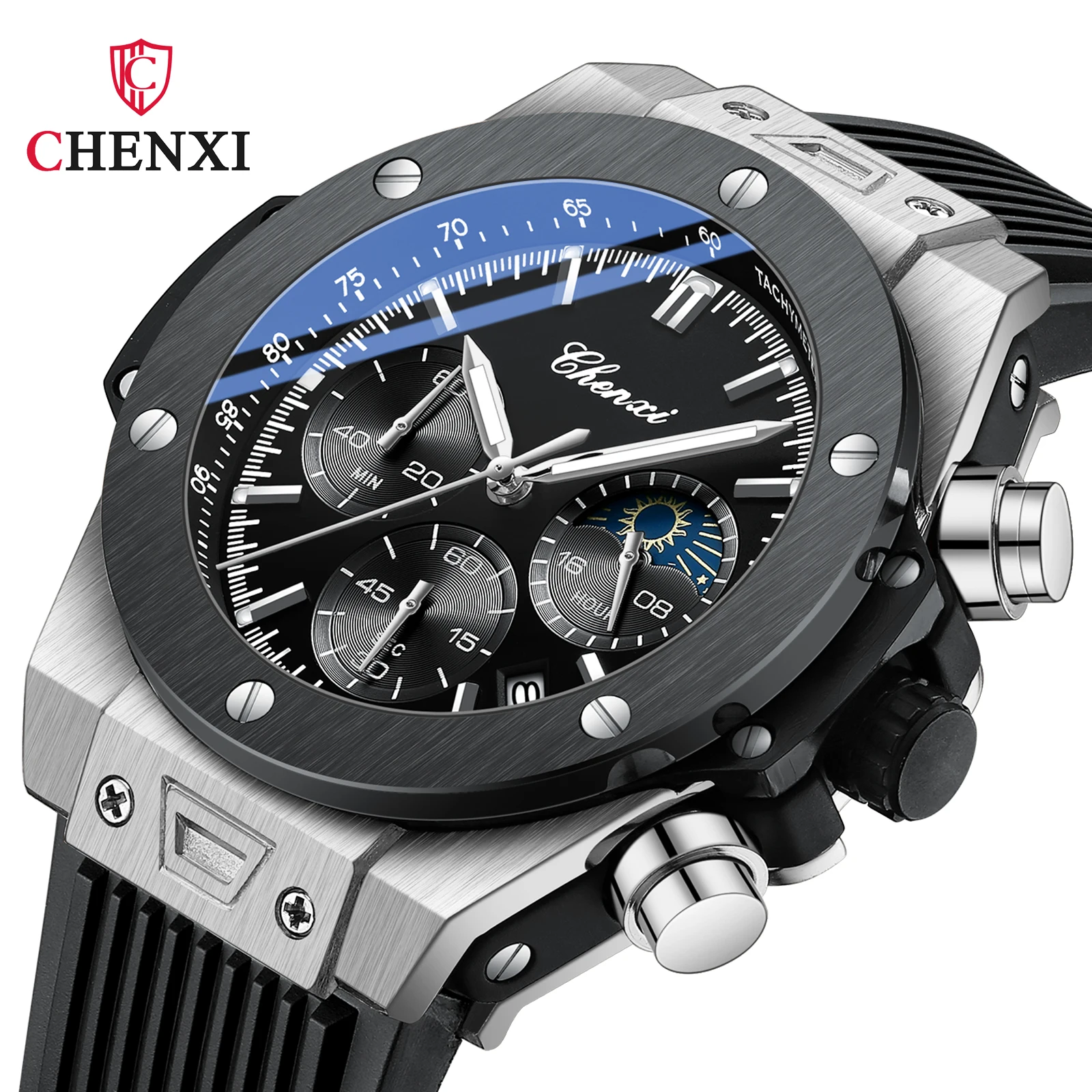 New CHENXI Top Brand Silicone Sport Watch For Men Multi-functional Moon Phase Calendar Quartz Men Watches Chronograph Clock Mans