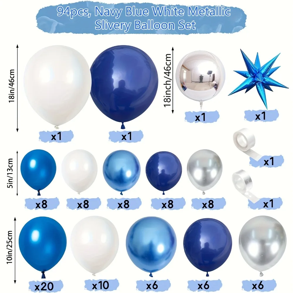طقم جارلاند بالونات نحيلة معدنية ، أزرق داكن وأبيض ، مناسب للتخرج ، حفل زفاف وأكاديمي ، احتفال أعياد ميلاد ، 94 أو 50