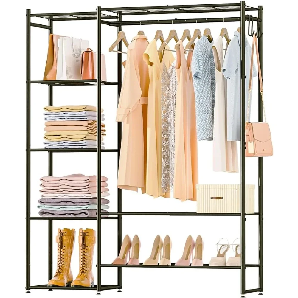 

Clothing Rack with Shelves, Portable Wardrobe Closet for Hanging Clothes Rods, Free Standing Shelves Organizers and Storage